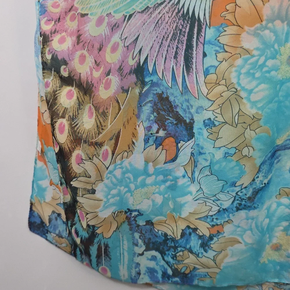 Orange and Blue Floral Scarf, Vibrant, Sheer, 20